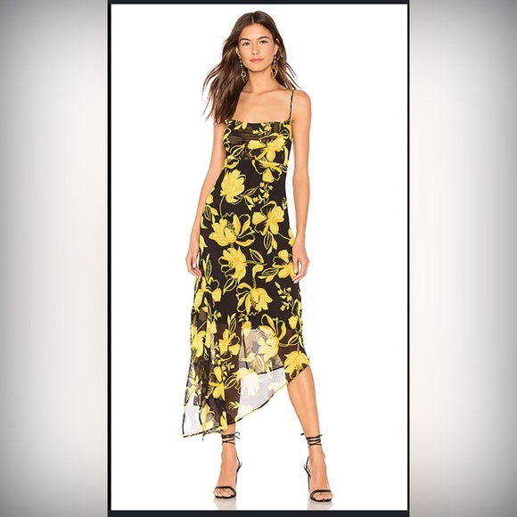 C/MEO Collective Dresses & Skirts - C/MEO On and Off Black and Yellow Floral Print Asymmetrical Midi Dress Sz Large